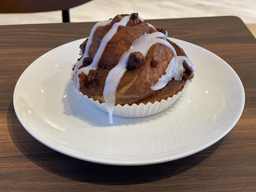 The decadent vegan cinnamon roll before I devoured it  at MERCY Vegan Factory in Osaka