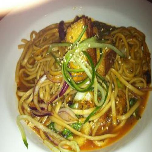 Organic Udon noodles with ginger red pepper sauce and home smoked tofu.
Wish you could see the ingredients- they have them on his website- 'DavidBann' at David Bann Restaurant in Edinburgh