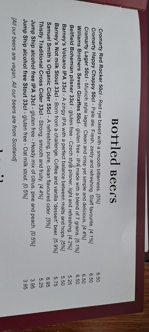 Lots of Scottish vegan alcohol and no/Low alcohol beers at David Bann Restaurant in Edinburgh