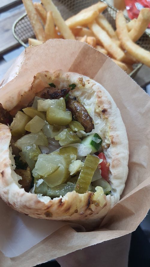 Shawarma in a pita bread with all the fixing. at Falafel Sumsum in Tel Aviv