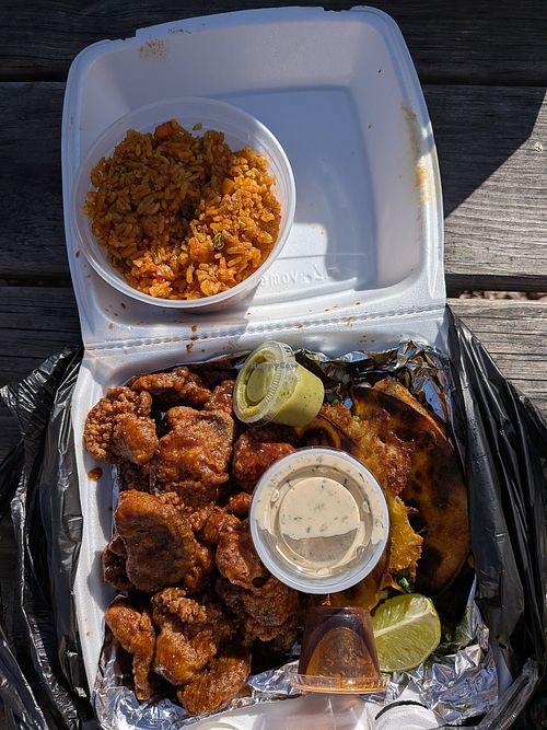 Wings and birria taco combo and then a side of jallof rice. The tacos were fire. The wings were good too though at HopeBoys Kitchen in Dallas