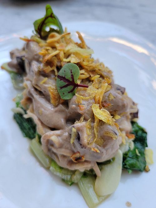 Celery Root-
Mushroom Cream, Escarole, Crispy Shallot. at Avant Garden Bistro in Los Angeles