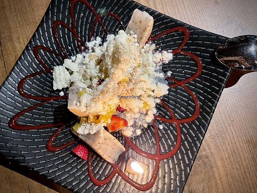 Mochi and macadamia crumble birthday dessert by Chef Sarah  at Avant Garden Bistro in Los Angeles