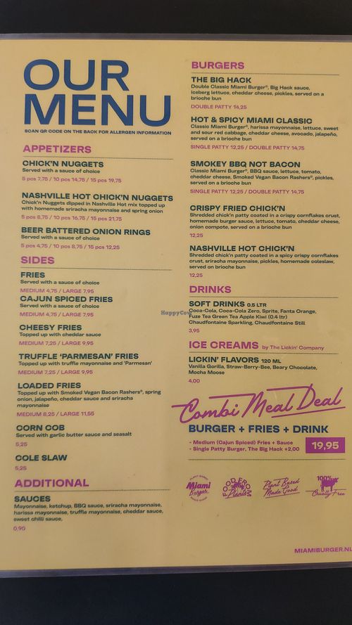 Menu at The Sunny Burger Co. in Amsterdam