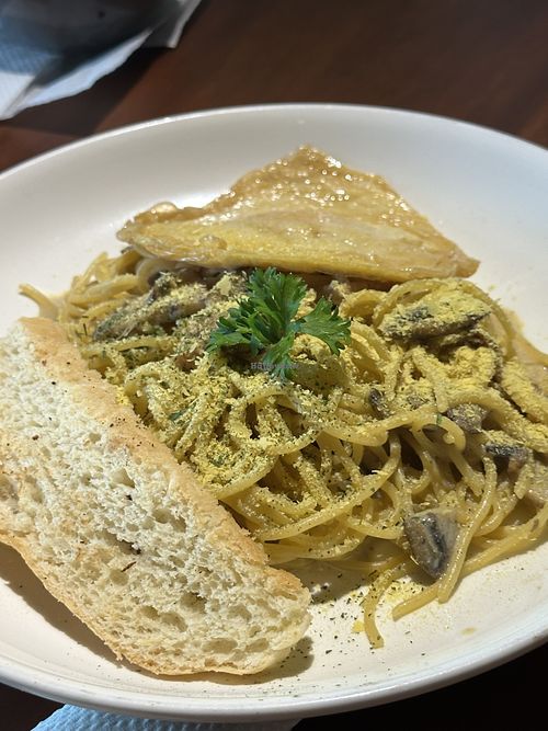 Vegan spaghetti carbonara   at Black Forest Cafe in Yogyakarta