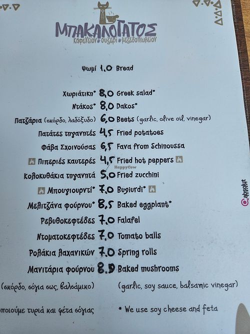Vegan menu at Mpakalógatos in Naxos