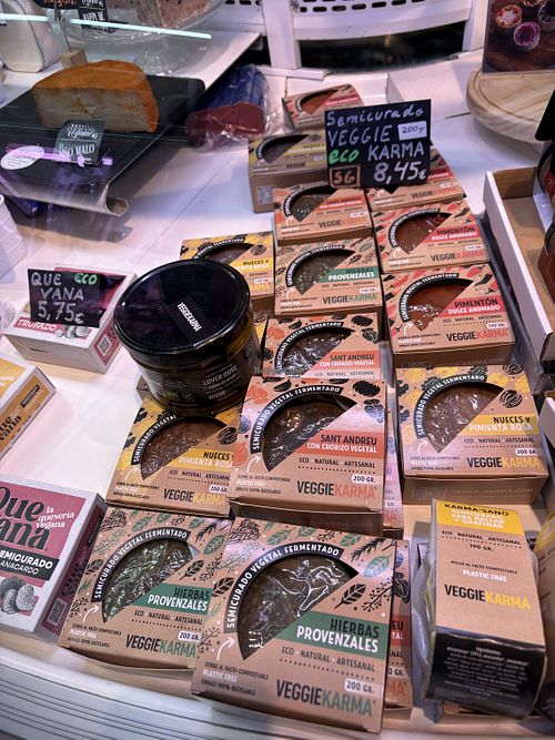 Vegan cheeses  at La Veganeria del Born in Barcelona