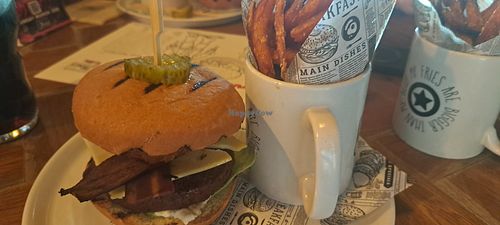 The Canadian burger again (they had no vegan pizza dough) with sweet potato fries at Monterey Jack's in Glasgow