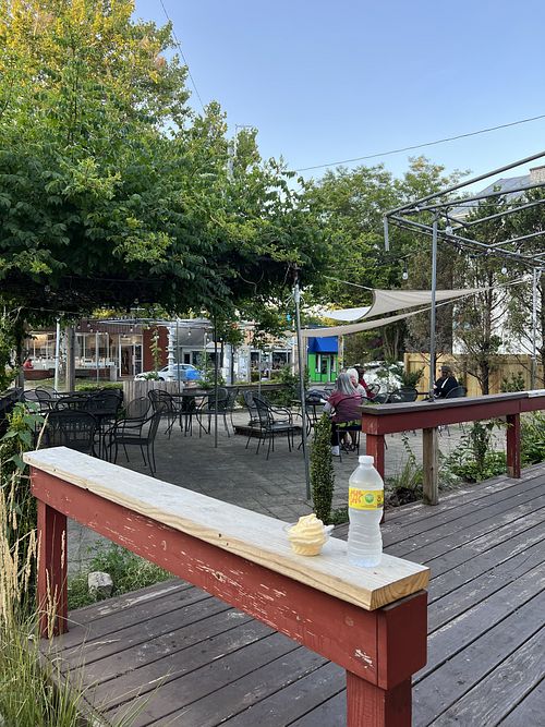 Patio area and pineapple Dole whip   at O&E's Corner Cone in Yellow Springs