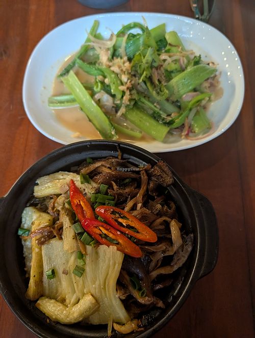Stinky tofu greens and mushroom noodle stir fry at Rau Ơi Vegetarian Chay in Ho Chi Minh City