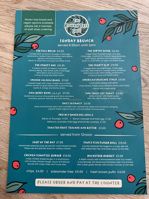 Sunday menu  at The Rowan Tree Cafe in Pembroke