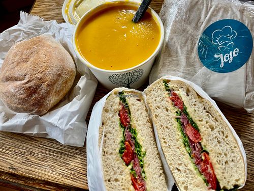 Delicious sweet potato soup and sandwiches with hummus at Jojo Cafe in Ullapool