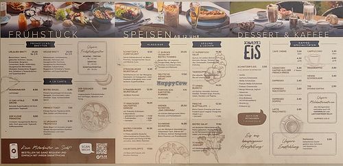 Menu with clearly labelled vegan options at Schwitzer's Brasserie & Lounge in Waldbronn