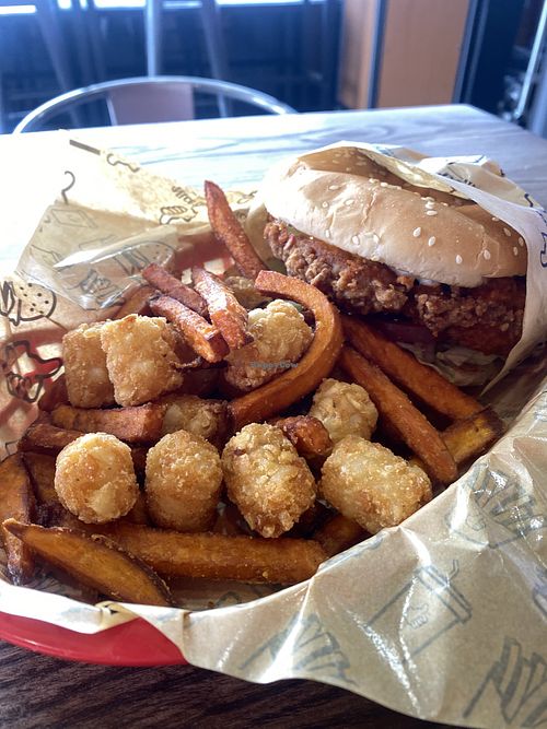Vegan Meals Hate to See Me Coming - Before Devouring My Late Lunch - Tots, Sweet Potatoes, and Buffalo Chick’n 😛  at Nice Burger in Long Beach