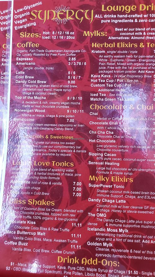Menu at Synergy in Sedona