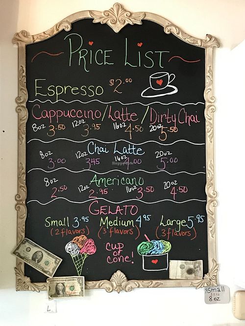 coffee and gelato prices (June 2022) at Caffe Romeo in Charleston