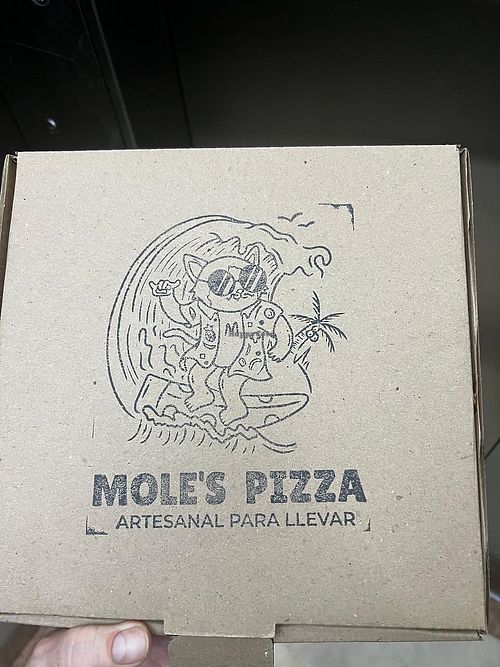 Their take away box  at Mole's Pizza in Puerto Vallarta
