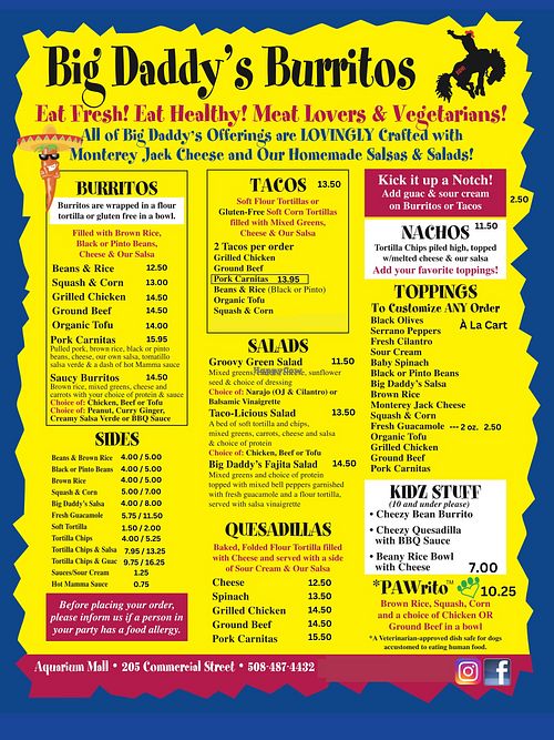 Here is our 2026 menu.  at Big Daddy's Burritos in Provincetown