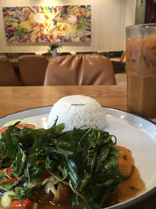 Vegan fried chicken with basil leaves  at Baanying's Plant-Based Ying's Garden  in Bangkok