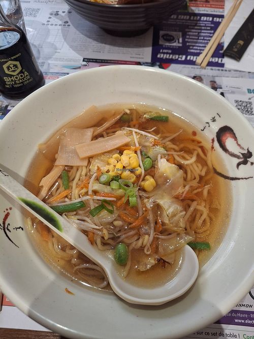 Vegetarian ramen with vegan broth and no eggs at Noodle Shop in Rouen