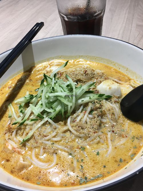 Nyonya laksa and cold coffee   at VeganBliss 蔬福 in Central Singapore