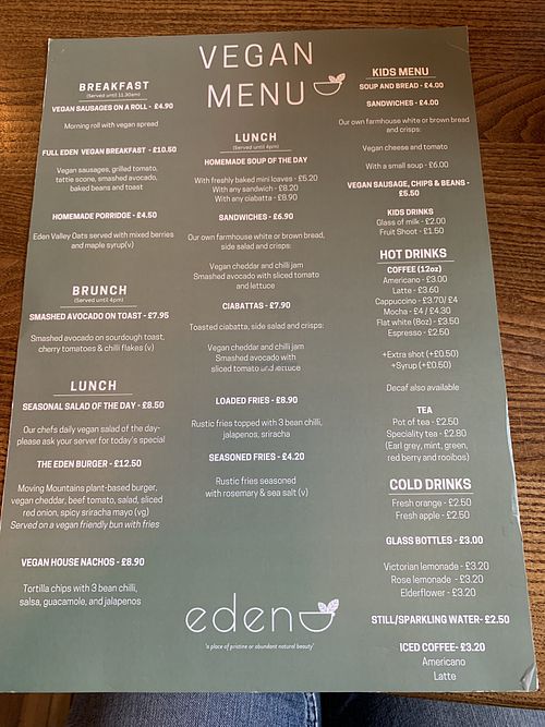 Vegan menu October 2022  at Eden Coffee House in Melrose