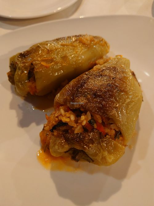 Stuffed bell peppers yummy!!! at Plazhi I Ri Caci in Sarande