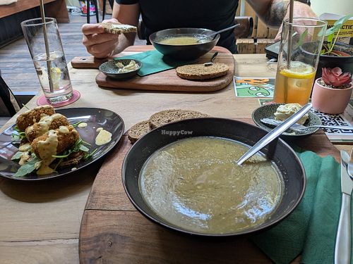 Zucchini/ parsnip soup and "kroket" on toast (left) at Opstand in Nijmegen
