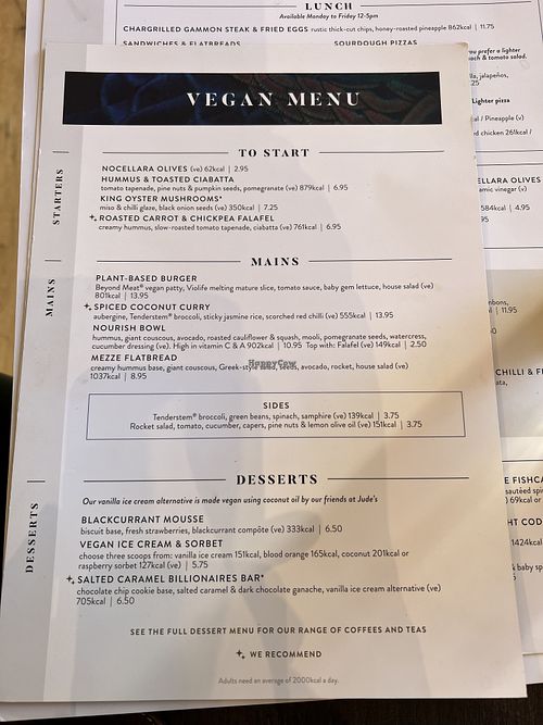 Separate vegan menu  at The Langton in Cheltenham