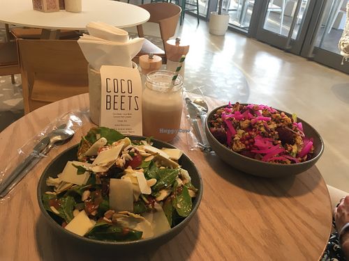 Sicilian Eggplant (L) and Coco's Beet Falafel (R) with Yellow Mellow juice. (6/22) at Coco Beets in Al Khobar