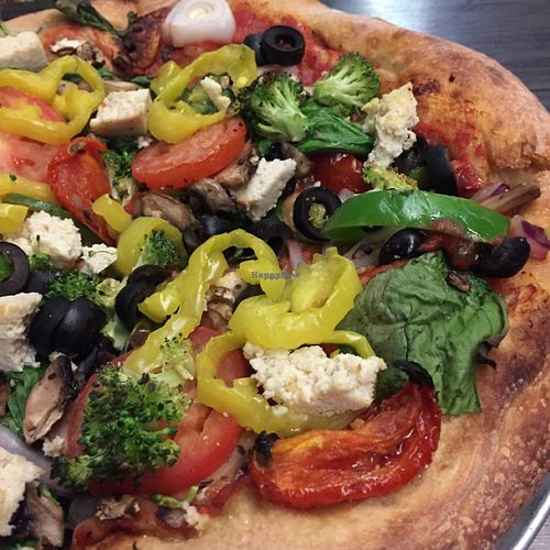 Veggie pizza with tofu and no cheese at Mellow Mushroom in Denver