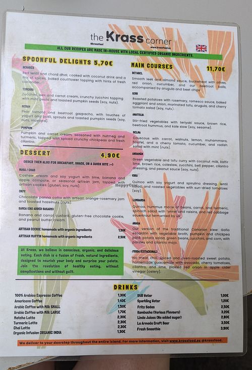 Menu at The Krass Corner in Tenerife