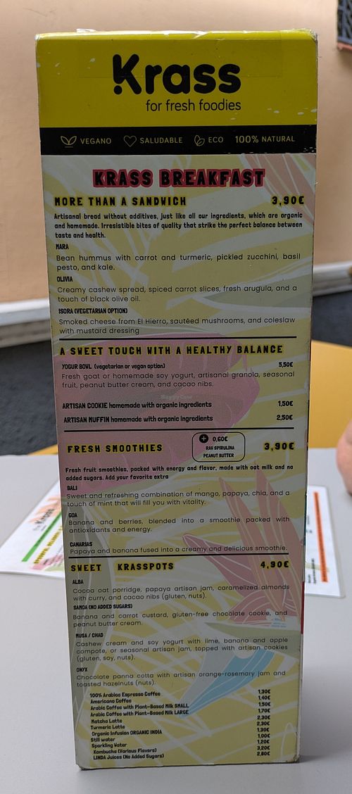 Menu at The Krass Corner in Tenerife