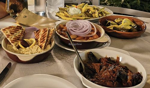 Hummus, fried courgette, stuffed vine leaves, beans, aubergine imam at Paspalis Restaurant in Kefalonia