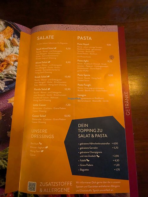 Menu at Cafe del Sol in Bayreuth
