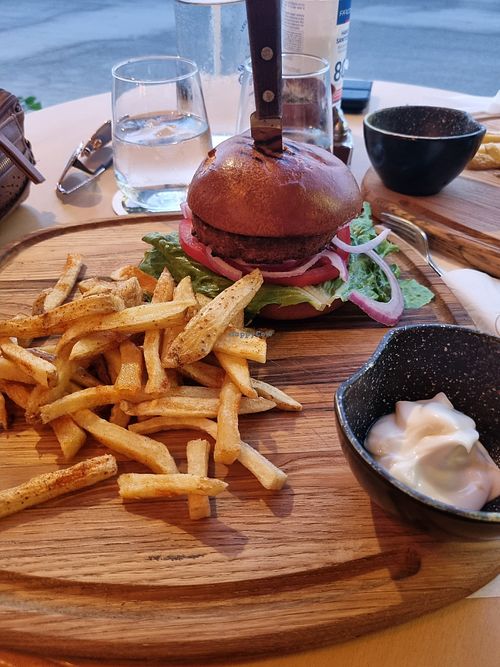 Vegan burger with vegan mayo at Harper All Day Cafe & Restaurant in Karpathos