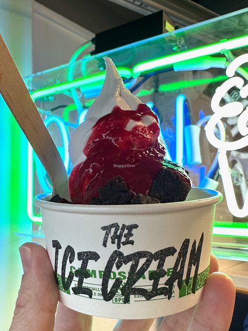 Vegan soft serve with raspberry sauce and vegan brownies at Tofino Licks in Tofino
