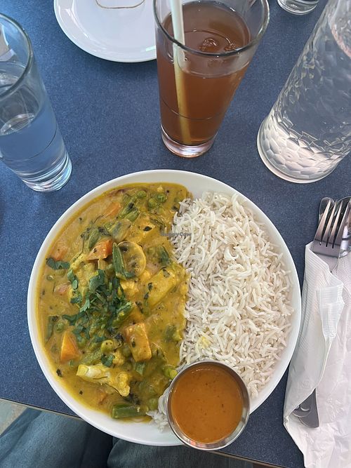 Mango tofu curry and an unsweetened iced teaa  at Kabob and Curry in Providence