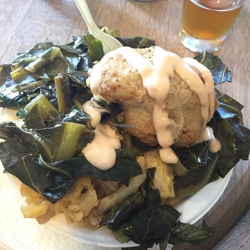 hardly fried chicken, salty greens, bland diaya mac and cheeese. at Southern Fried Vegan BBQ in Los Angeles