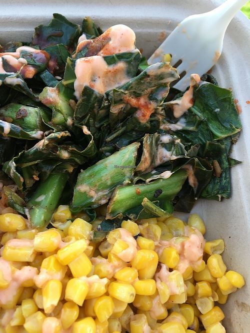 large stems in the greens (AZVFF Jan 2016) at Southern Fried Vegan BBQ in Los Angeles