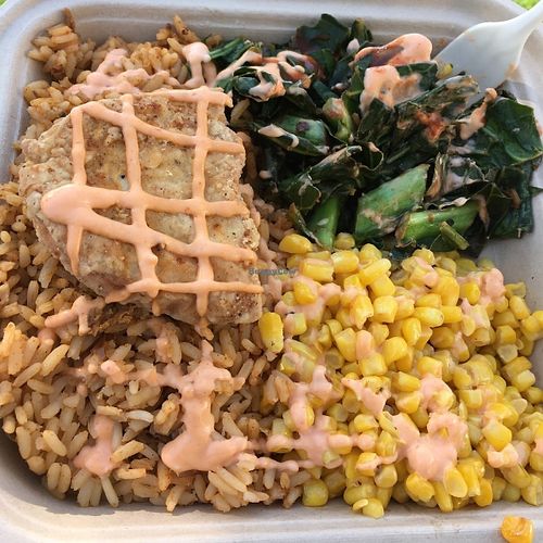 Fried Chicken plate with collard greens, corn, and jambalaya (AZVFF Jan 2016) at Southern Fried Vegan BBQ in Los Angeles