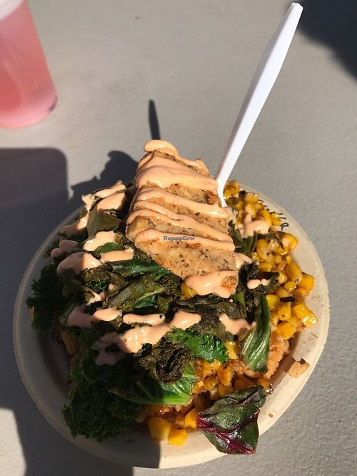 Fried Chicken Bowl with Jambalaya, 1/2 greens & 1/2 corn - PHX Vegan Fest; Feb 2017 at Southern Fried Vegan BBQ in Los Angeles