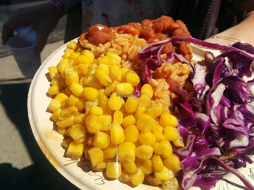 Bowl of corn, salad, chickn at Southern Fried Vegan BBQ in Los Angeles