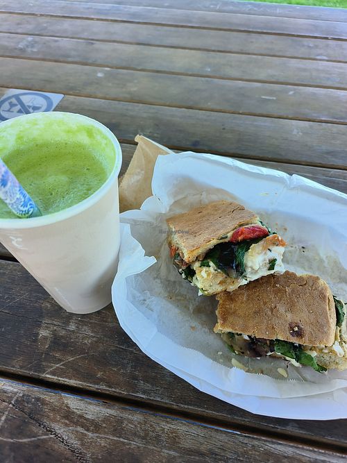 Green Tropicana Smoothie and Roast Veggie Panini with Vegan Mozzarella at Sir Juice in Esperance