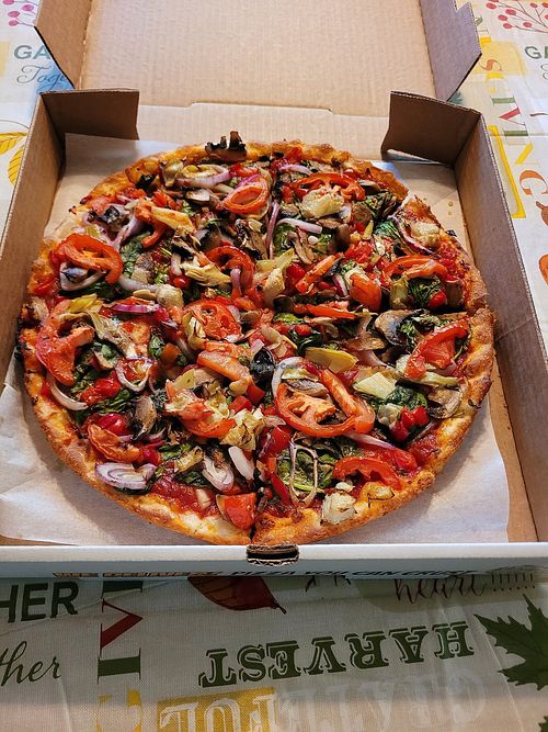 Saucy vegan medium pizza at Primoz Pizzeria in Mayfield Heights