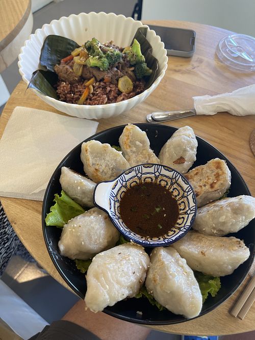 The dumplings are big, juicy, a little doughy, and delicious. The sauce is a little salty (and tastes like adobo). The  beef and broccoli was light on titular ingredients.   at The Vegan Shack in Panglao