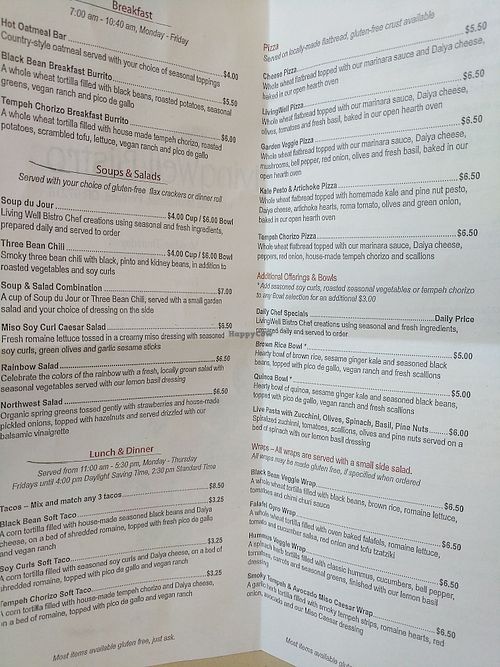 menu at Living Well Bistro in Portland