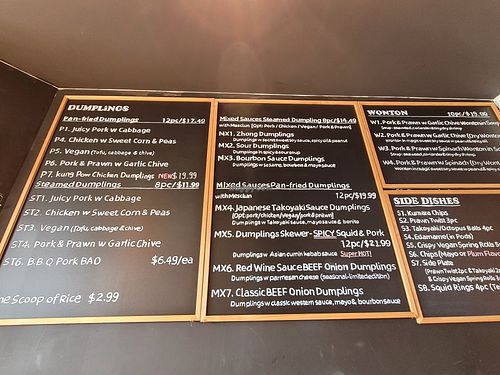 Vegan options clearly labelled at Jay's Dumpling Cafe in Nelson