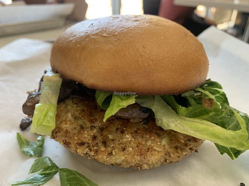 Mushroom Chana burger…so good!   at Green Grill in Rancho Cordova