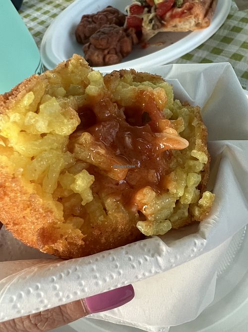 Vegan arancino filled with seitan ragù 🍘  at La sciara del Gusto in Fontanafredda